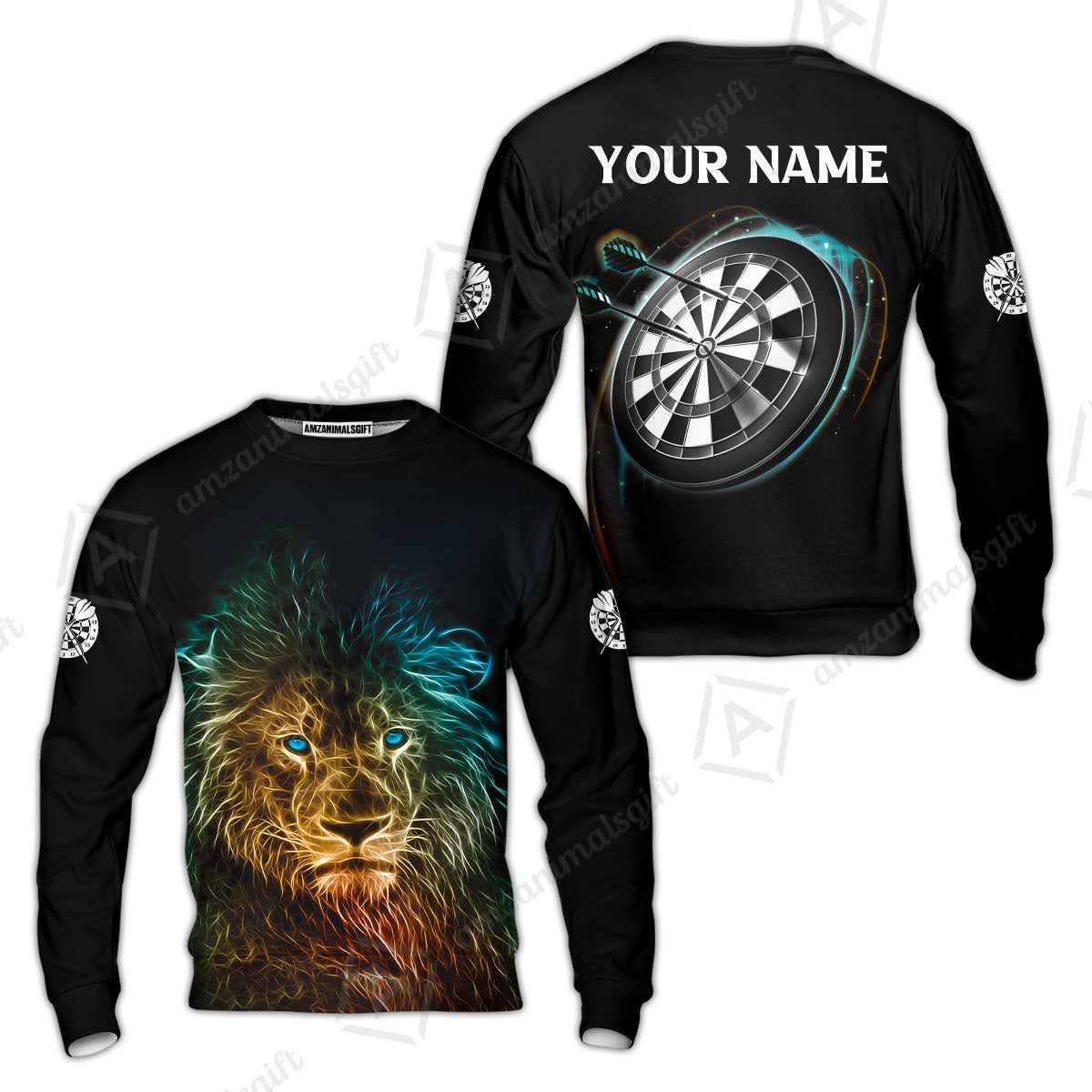 Customized Name Darts Polo Shirt, Blue Bullseye Dartboard Personalized Lion And Darts Polo Shirt