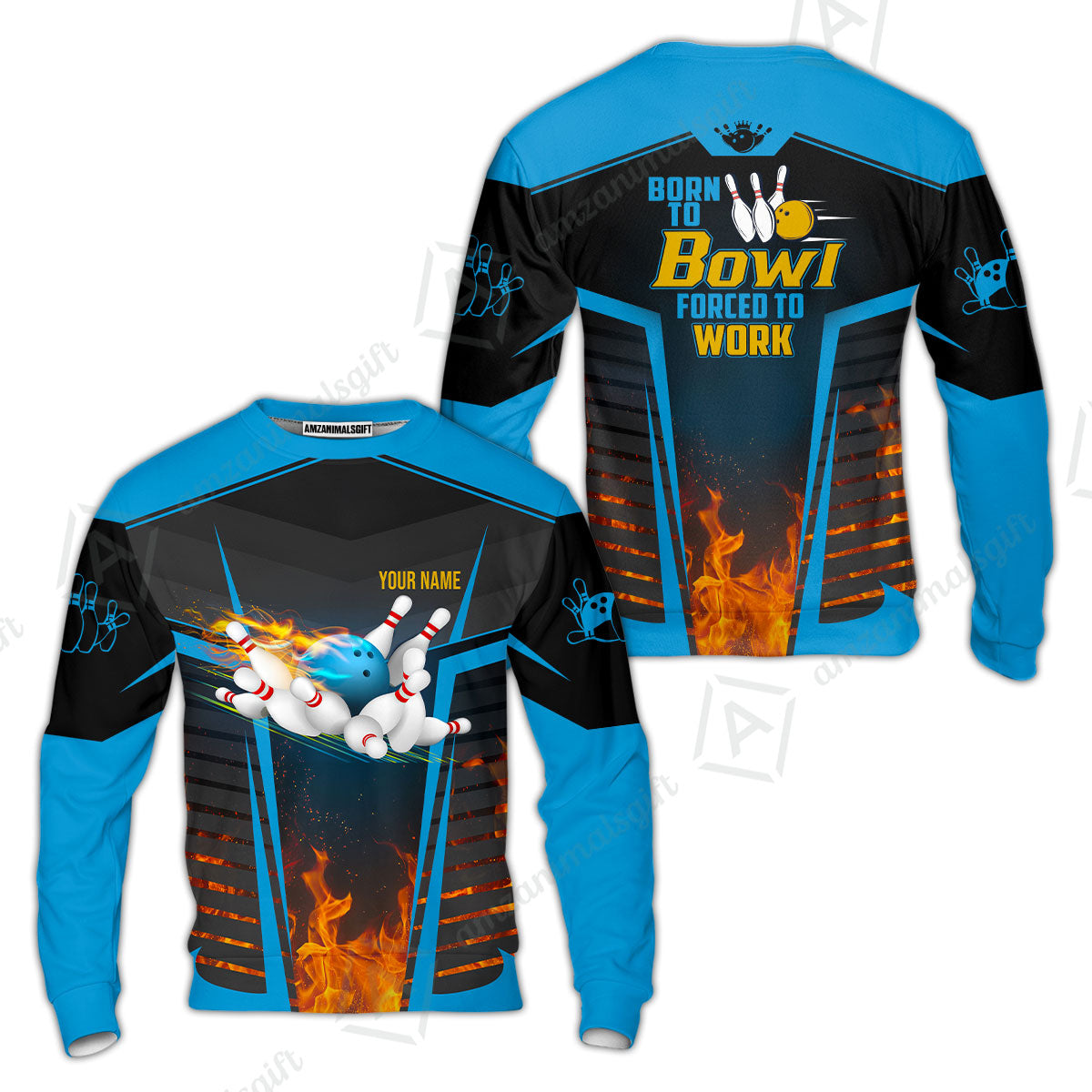 Customized Bowling Jersey, The Blue Bowling Ball Born To Bowl Forced To Work Personalized Name Custom Team Name Logo For Bowling Team