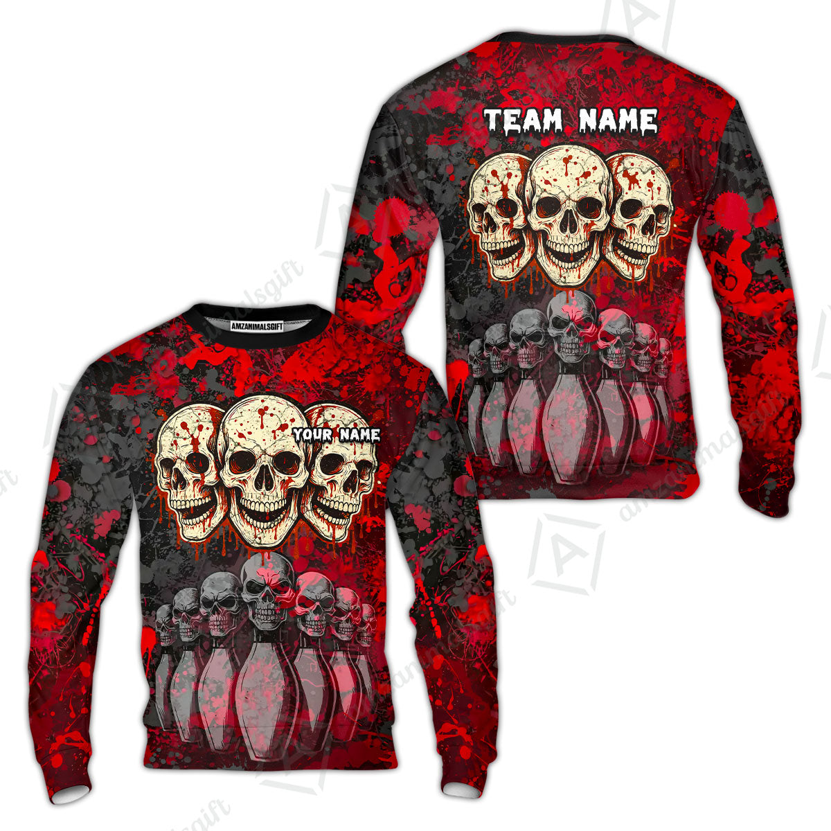 Custom Three Skulls with Red Blood Splash Bowling Team Shirt, Bowling uniforms, Bowling Shirt Personalized Name And Team Name