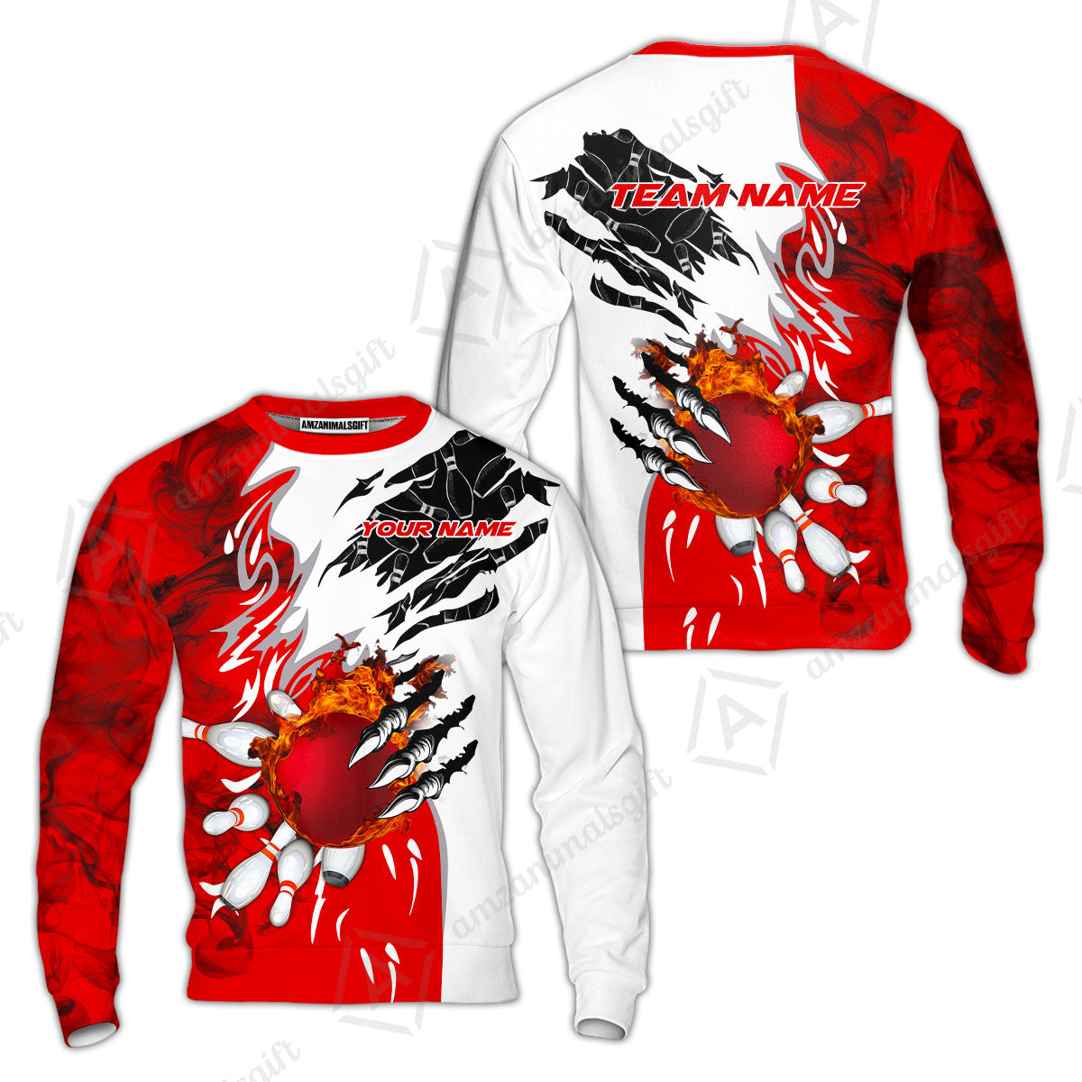Customized Bowling Sweatshirt, Bowling And Pins Plame Monster Hand Premium Multicolor Option Personalized Name And Team Zipper Polo Jerseys Shirts