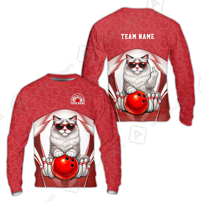 Custom Bowling Polo Shirt, Funny Cat with Sunglasses Bowling Custom Bowling Polo Team Shirt For Players With Name & Team Name