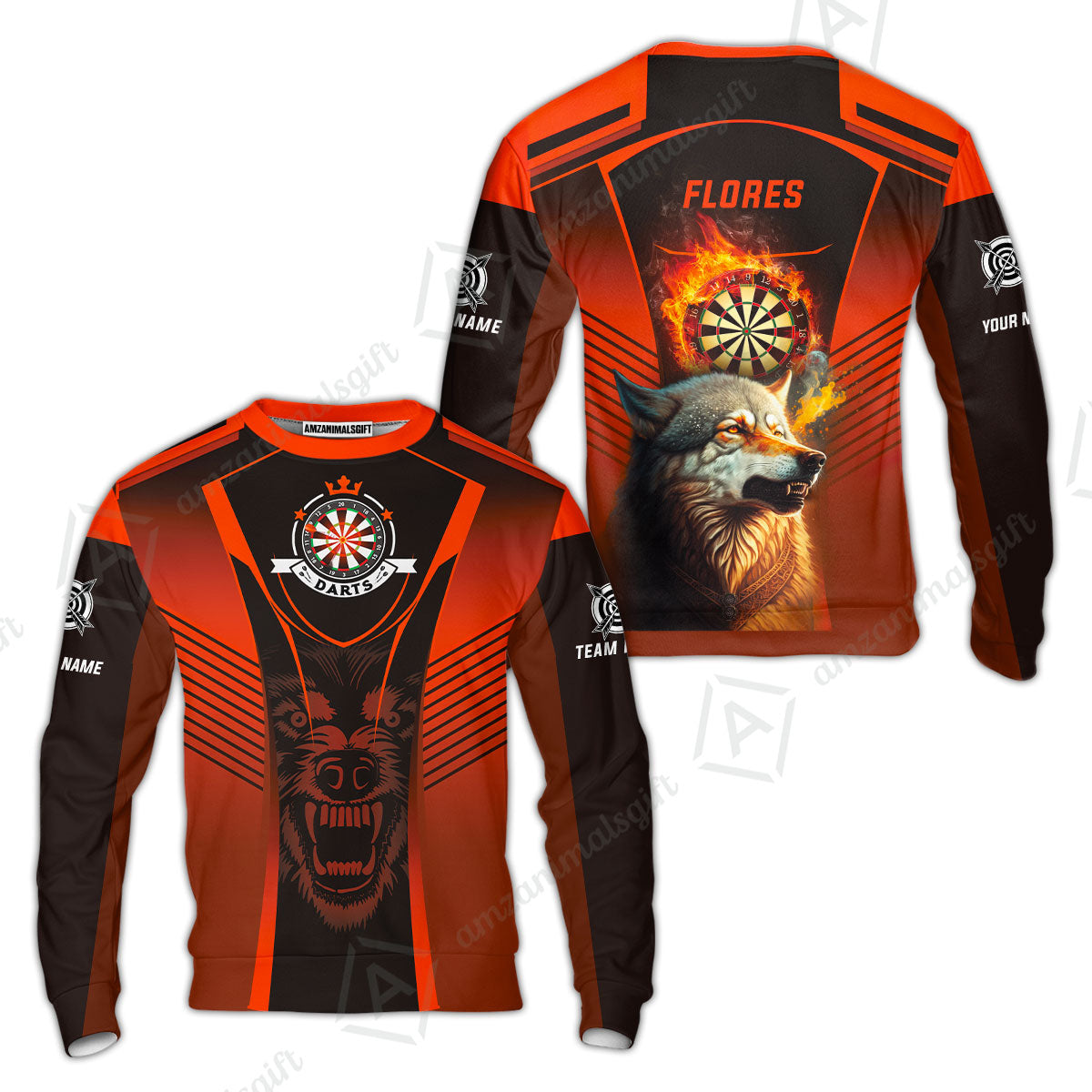 Custom Name Darts Men Polo Shirt, Orange Wolf Dartboard Personalized Polo Shirts, Gift For Men, Darts Lovers, Darts Players