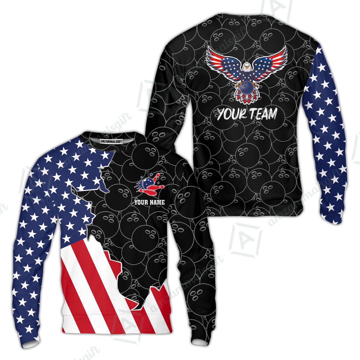 Custom Bowling Team Uniform American Flag with Eagle Symbol, Personalized Name And Team Name