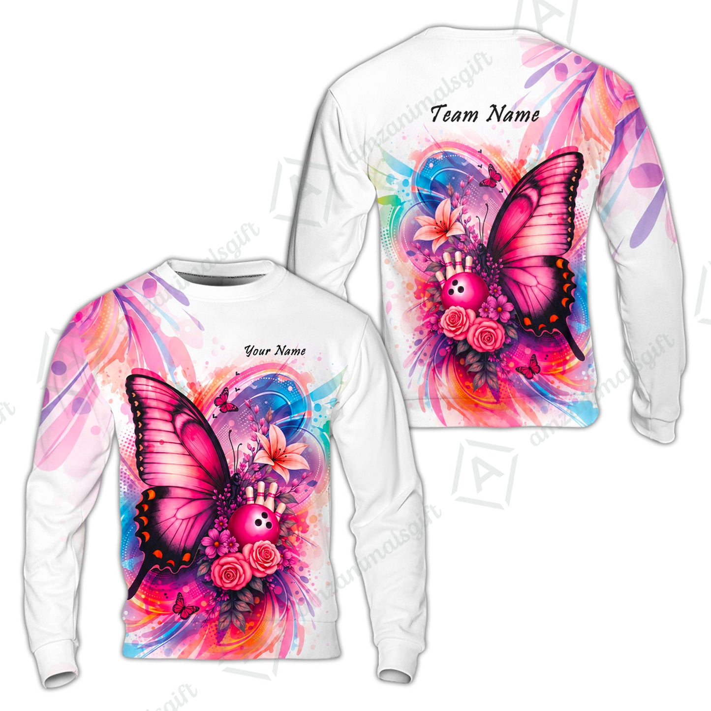 Custom Bowling Jersey Polo Shirt, Watercolor Pink Butterfly Bloom, Custom Bowling Jersey Team Shirt For Players With Name and Team Name