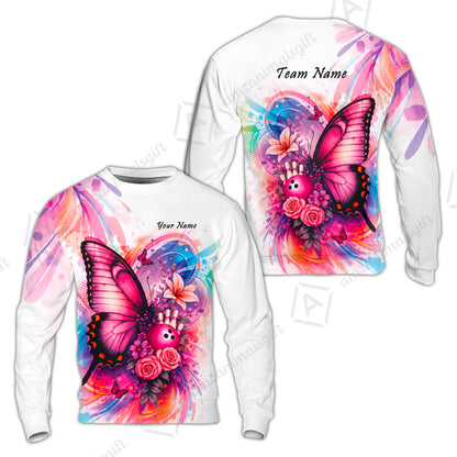Custom Bowling Jersey Polo Shirt, Watercolor Pink Butterfly Bloom, Custom Bowling Jersey Team Shirt For Players With Name and Team Name