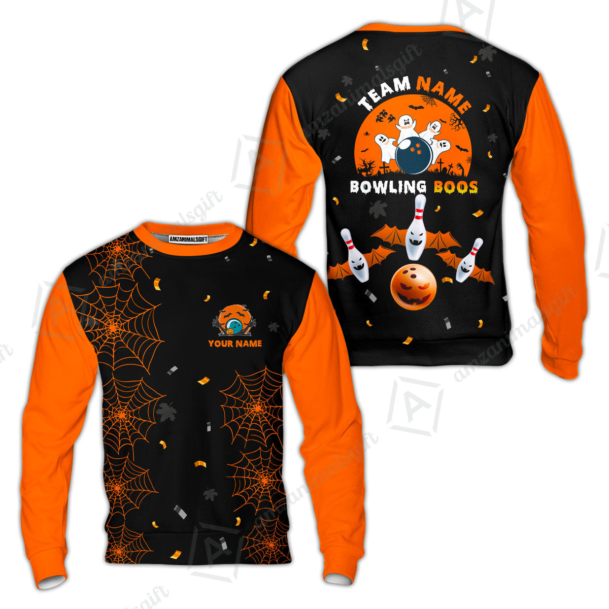Customized Bowling Ball Halloween Moon Bowling Sweatshirt, Bowling uniforms Bowling And Boos Funny Halloween Ghost Quarter-Zip Polo Shirts