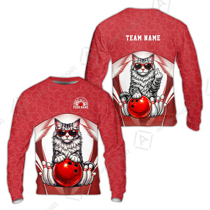 Custom Bowling Polo Shirt, Funny Cat with Sunglasses Bowling Custom Bowling Polo Team Shirt For Players With Name & Team Name
