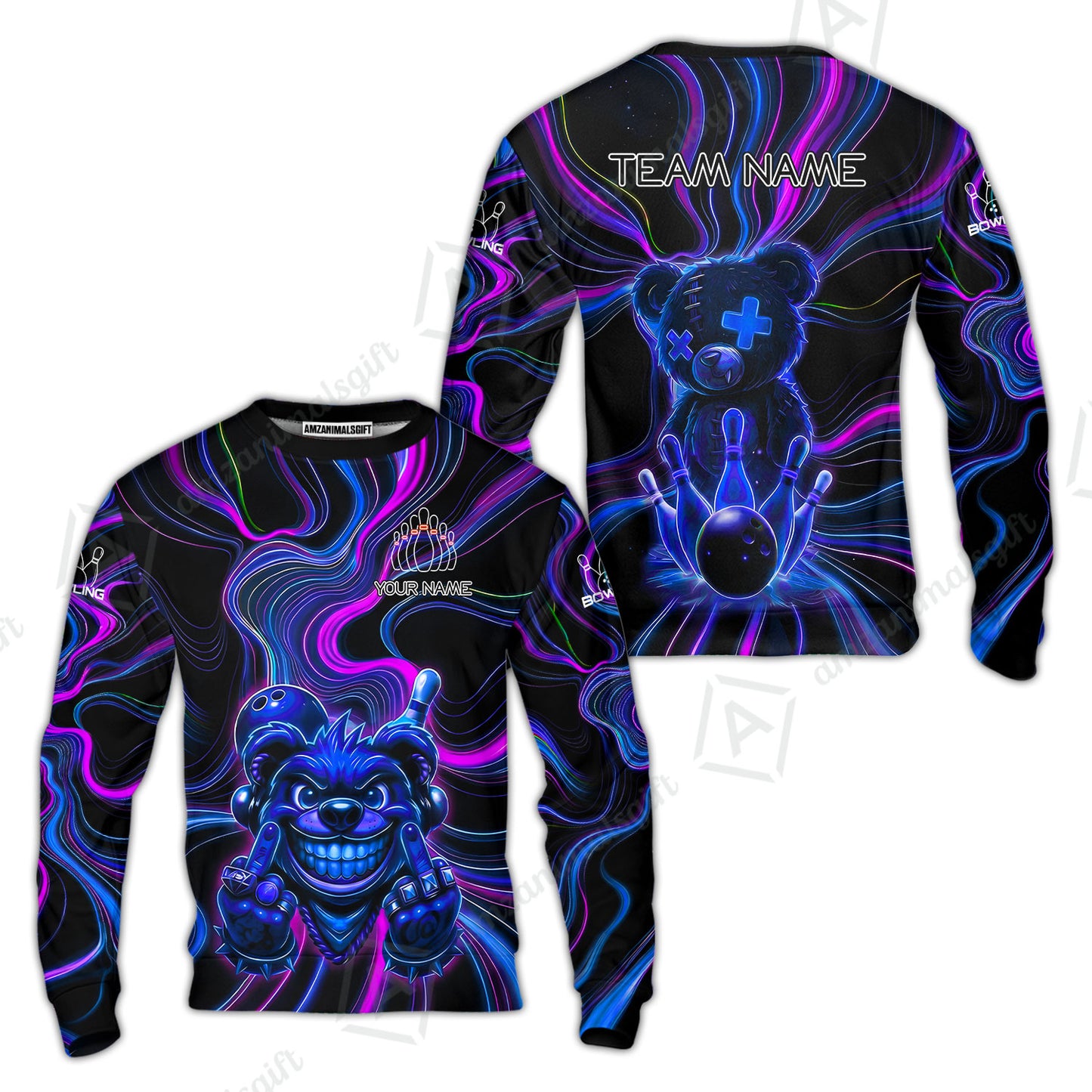 Customized Bowling Unisex Polo Shirt, Crazy Neon Bear Bowling Strike, Bowling Uniform - Personalized Name And Team Name