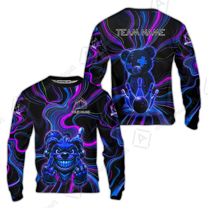 Customized Bowling Unisex Polo Shirt, Crazy Neon Bear Bowling Strike, Bowling Uniform - Personalized Name And Team Name