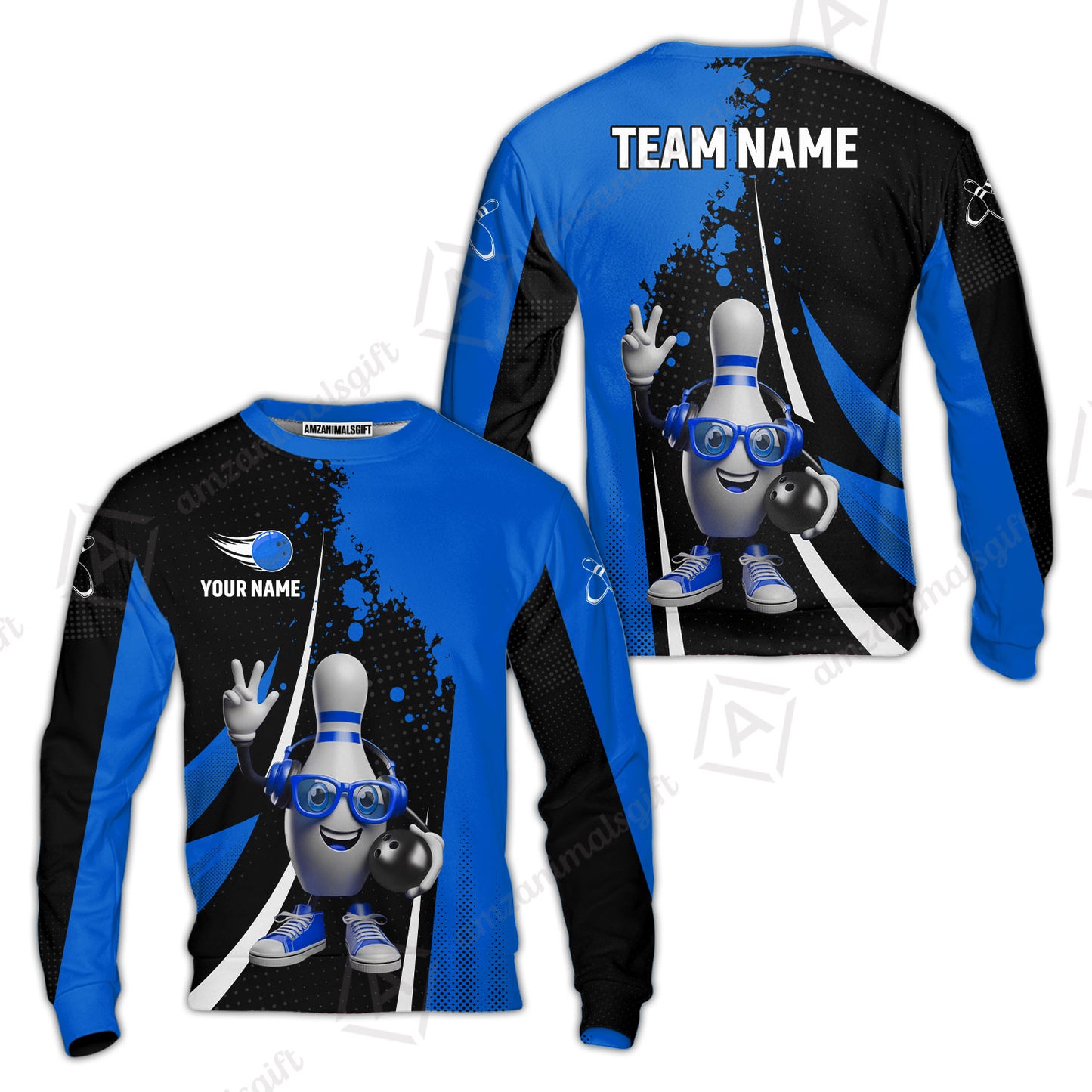 Customized Bowling Unisex Polo Shirt, Halftone Bowling Pin Wearing Headphones Sunglasses, Personalized Name And Team Name