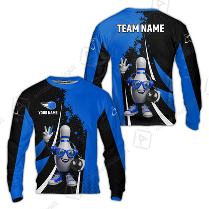 Customized Bowling Unisex Polo Shirt, Halftone Bowling Pin Wearing Headphones Sunglasses, Personalized Name And Team Name