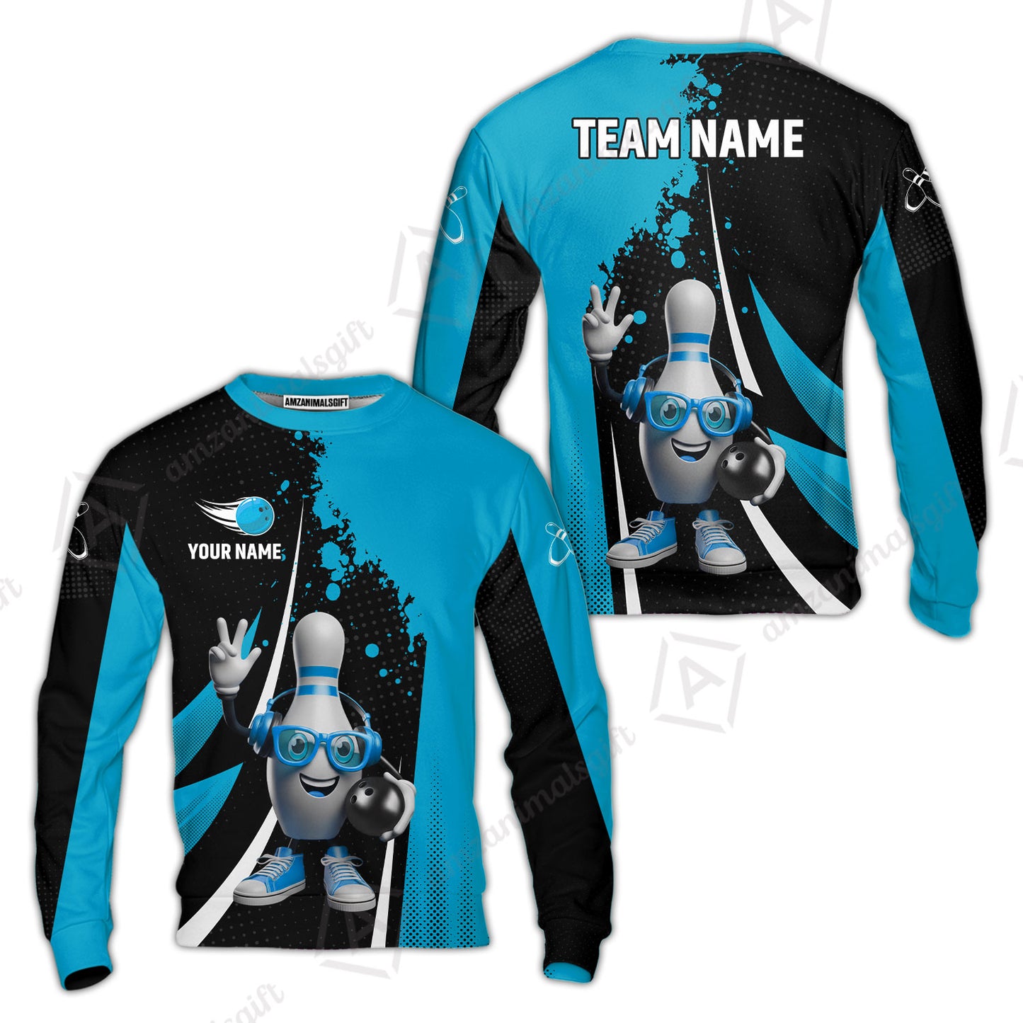 Customized Bowling Unisex Polo Shirt, Halftone Bowling Pin Wearing Headphones Sunglasses, Personalized Name And Team Name