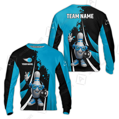 Customized Bowling Unisex Polo Shirt, Halftone Bowling Pin Wearing Headphones Sunglasses, Personalized Name And Team Name