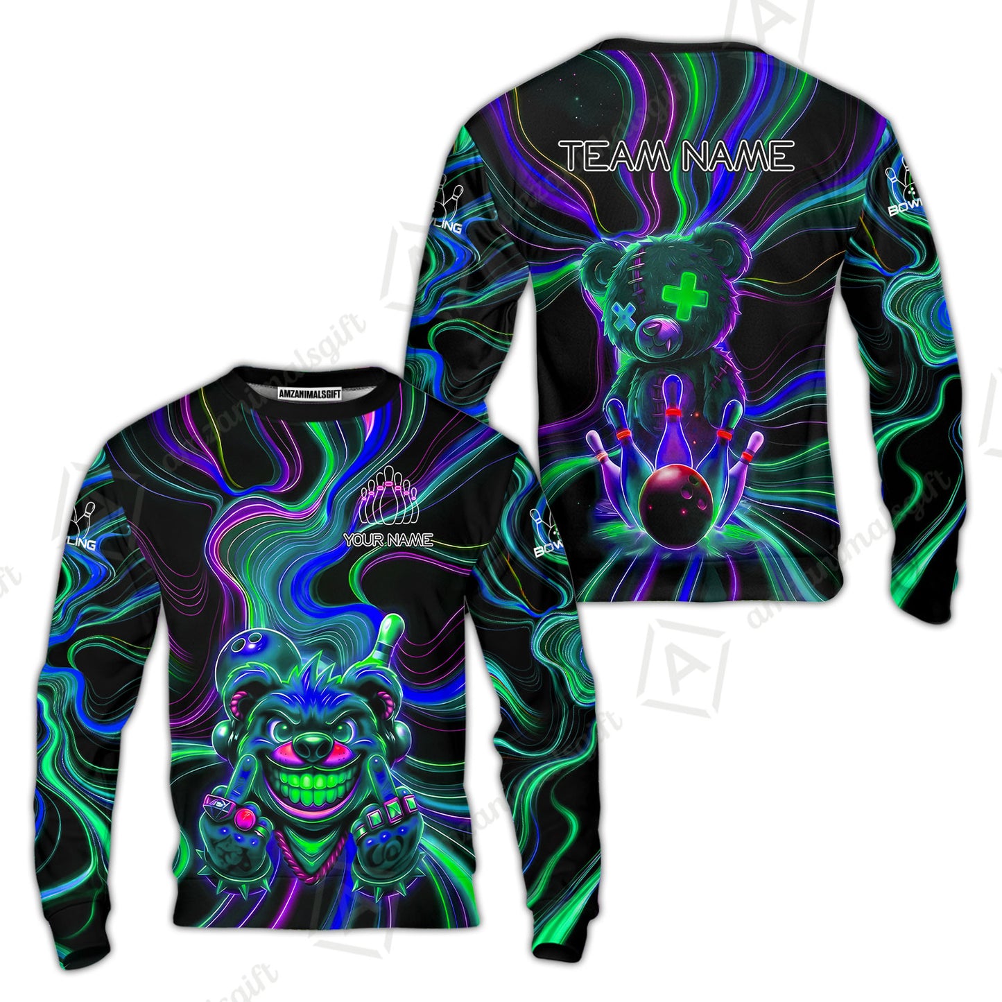 Customized Bowling Unisex Polo Shirt, Crazy Neon Bear Bowling Strike, Bowling Uniform - Personalized Name And Team Name