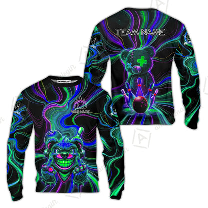 Customized Bowling Unisex Polo Shirt, Crazy Neon Bear Bowling Strike, Bowling Uniform - Personalized Name And Team Name