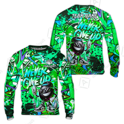 Customized Bowling Unisex Polo Shirt, Graffiti Bowling Funny Never Give Up Bowling Uniform, Personalized Name And Team Name