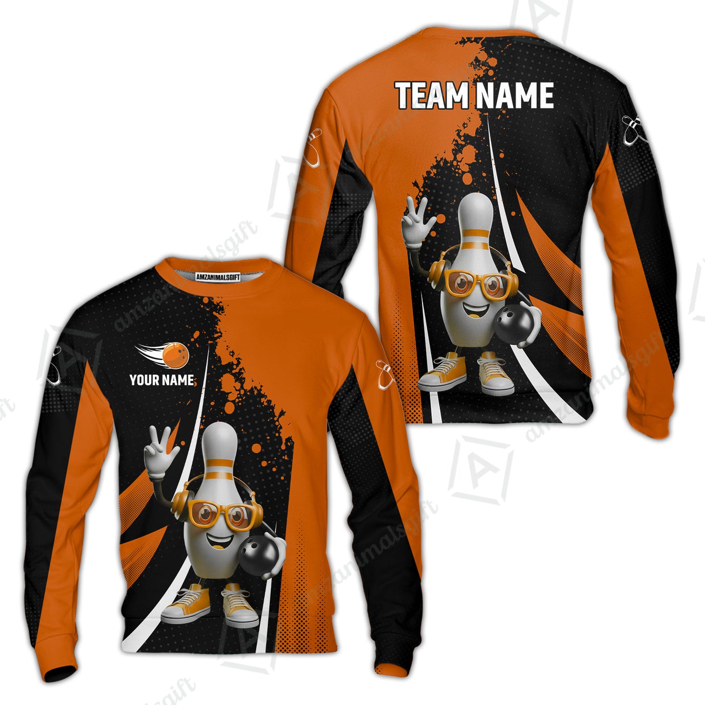 Customized Bowling Unisex Polo Shirt, Halftone Bowling Pin Wearing Headphones Sunglasses, Personalized Name And Team Name