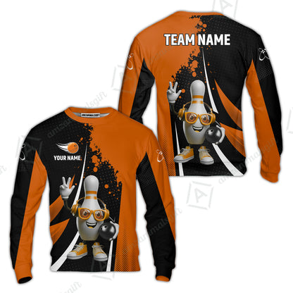 Customized Bowling Unisex Polo Shirt, Halftone Bowling Pin Wearing Headphones Sunglasses, Personalized Name And Team Name