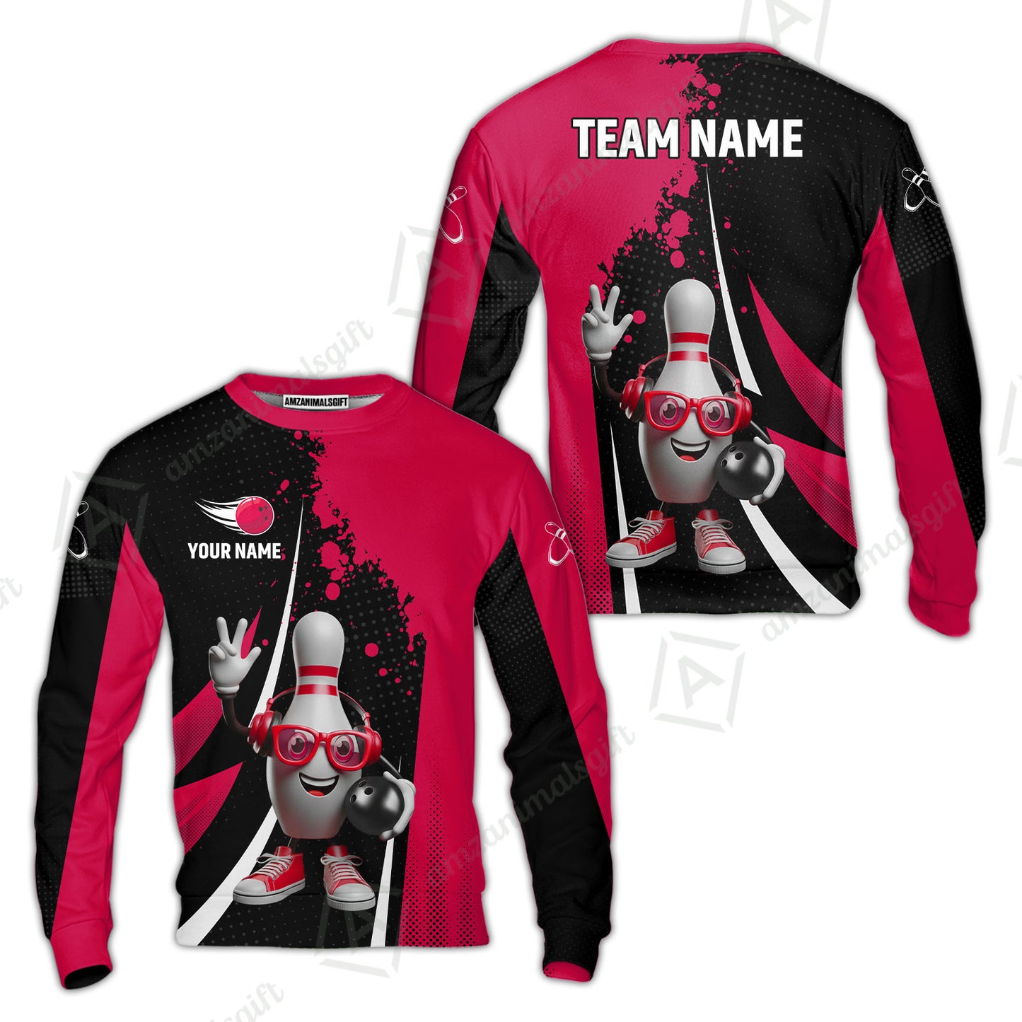 Customized Bowling Unisex Polo Shirt, Halftone Bowling Pin Wearing Headphones Sunglasses, Personalized Name And Team Name