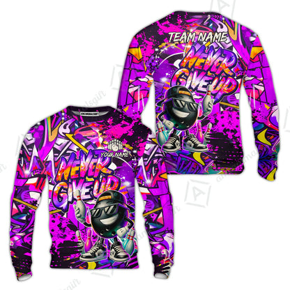 Customized Bowling Unisex Polo Shirt, Graffiti Bowling Funny Never Give Up Bowling Uniform, Personalized Name And Team Name