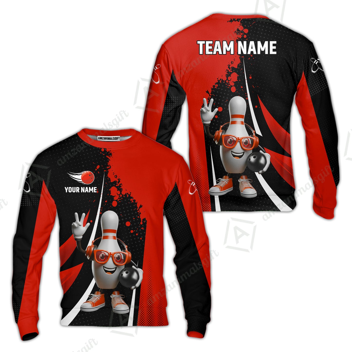 Customized Bowling Unisex Polo Shirt, Halftone Bowling Pin Wearing Headphones Sunglasses, Personalized Name And Team Name