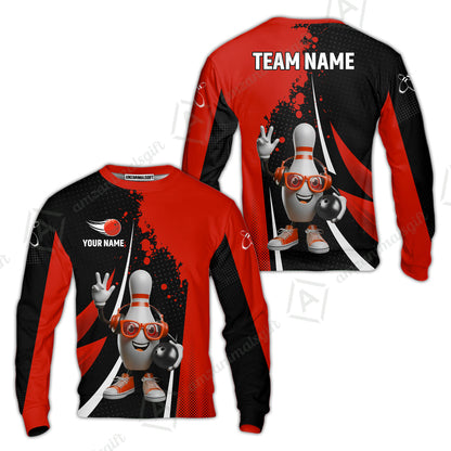 Customized Bowling Unisex Polo Shirt, Halftone Bowling Pin Wearing Headphones Sunglasses, Personalized Name And Team Name