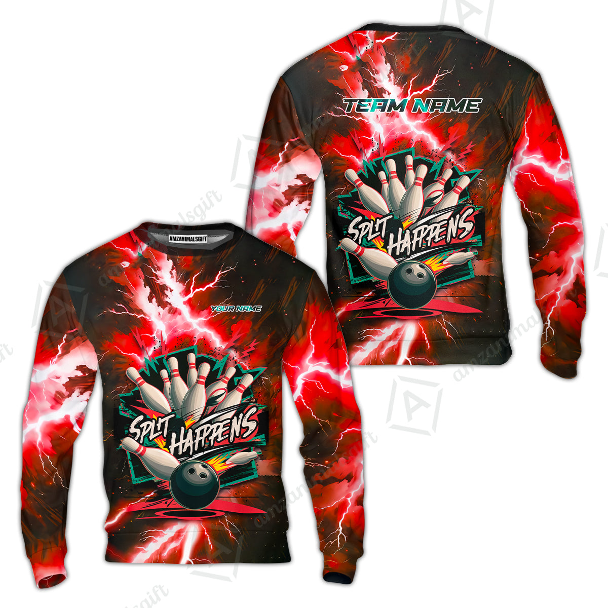 Customized Bowling Jersey, Dramatic Red And Black Lightning - Split Happens , Uniform Bowling - Personalized Name And Team Name