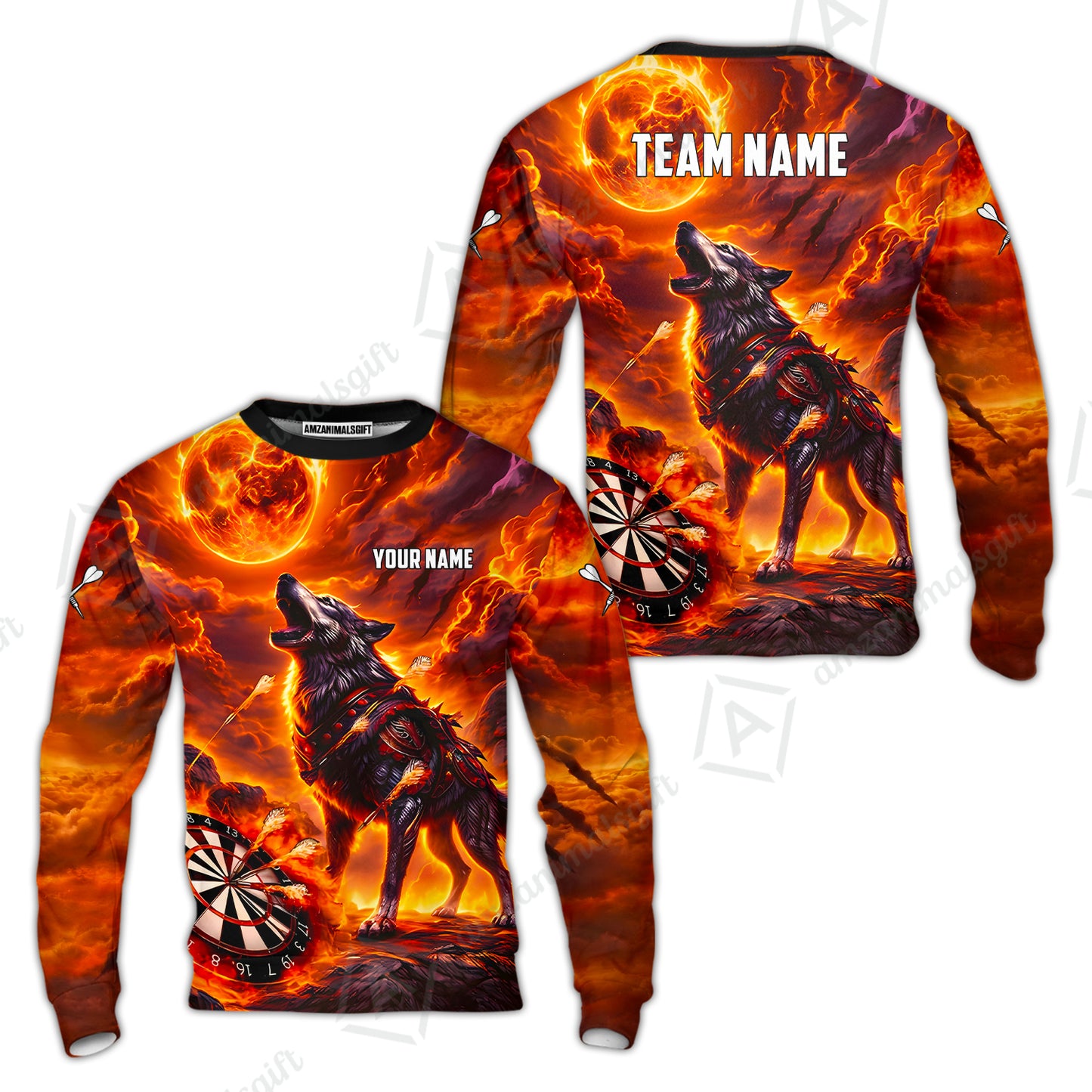 Custom Darts Team Jersey, Personalized Flaming Wolf Jersey Shirt For Players With Name & Team Name