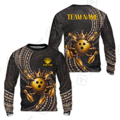 Custom Bowling Jersey Polo Shirt, Maori Tattoo Bowling Crown Gold Color, Custom Bowling Jersey Team Shirt For Players With Name and Team Name