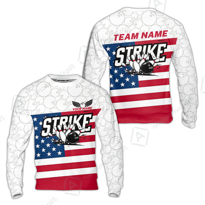 Custom Bowling Jersey Polo Shirt, Classic American Flag Block Strike, Custom Bowling Jersey Team Shirt For Players With Name and Team Name