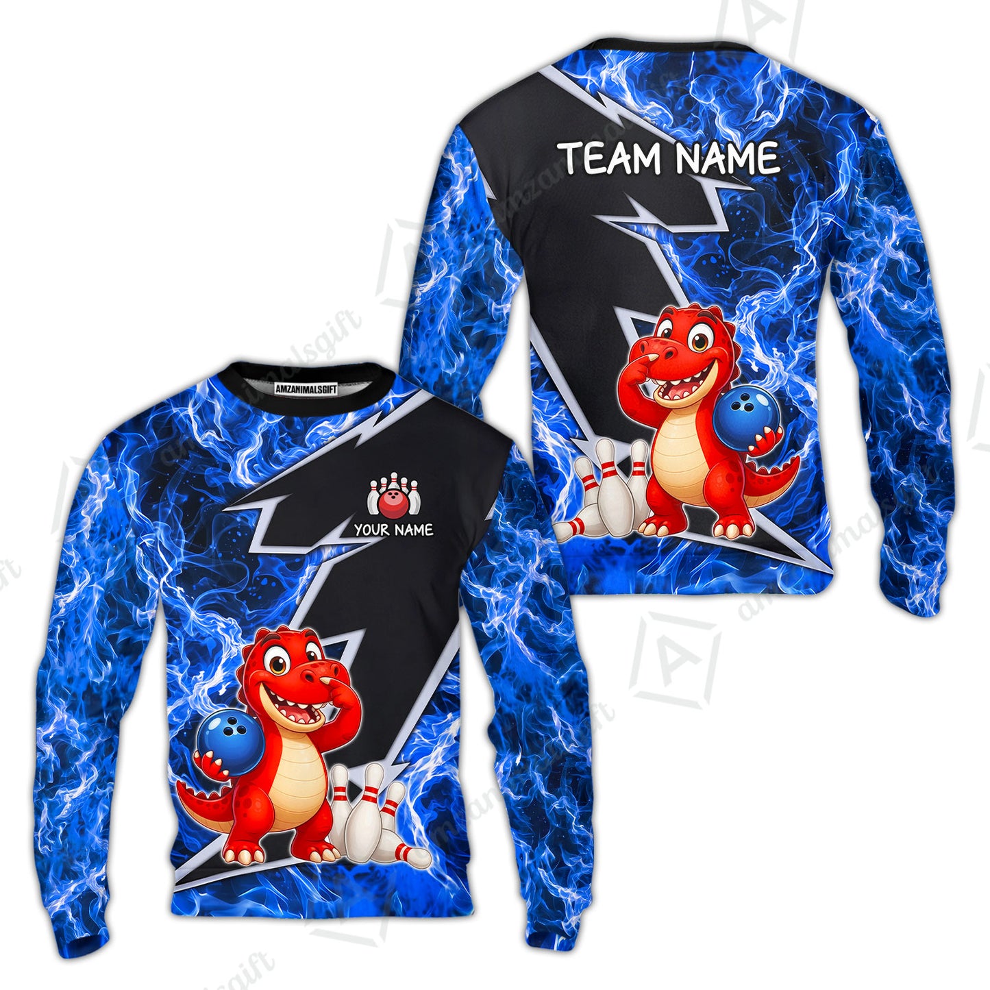 Custom Bowling Jersey Polo Shirt, Fire Lightning Dino Strike, Custom Bowling Jersey Team Shirt For Players With Name and Team Name