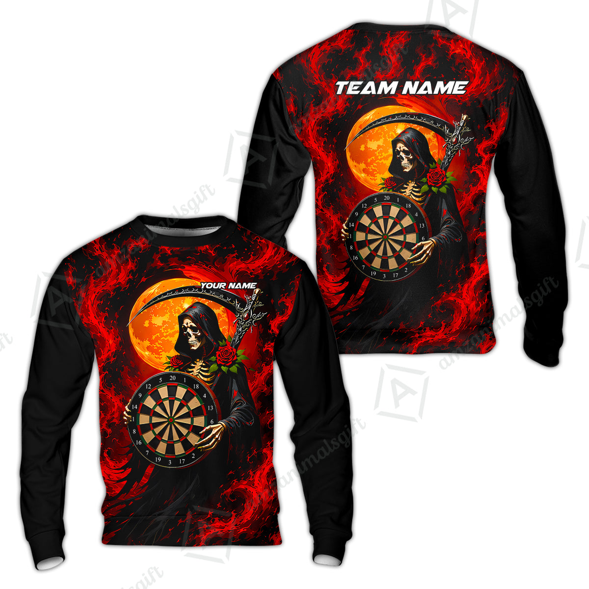 Customized Grim Reaper Holding Dartboard In Moonlight Halloween Darts Jersey, Personalized Name And Team Name For Players