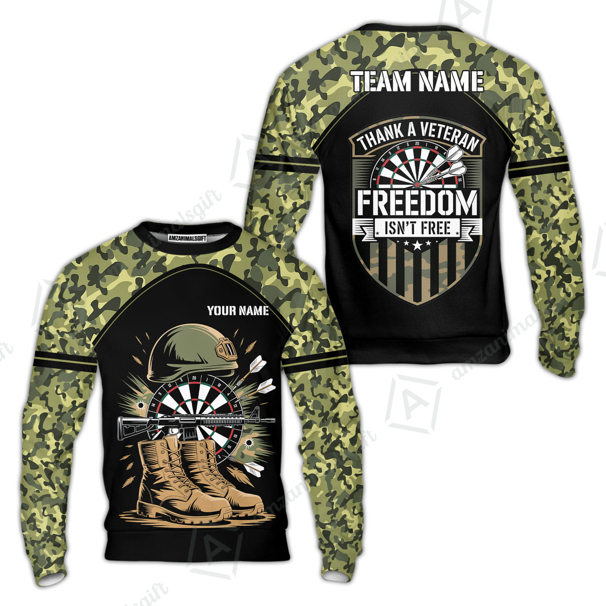 Custom Military Green Camouflage Dartboard Collar Quater-Zip Jersey Team Shirts, Customized Name Team Name Darts Team Jerseys Uniform
