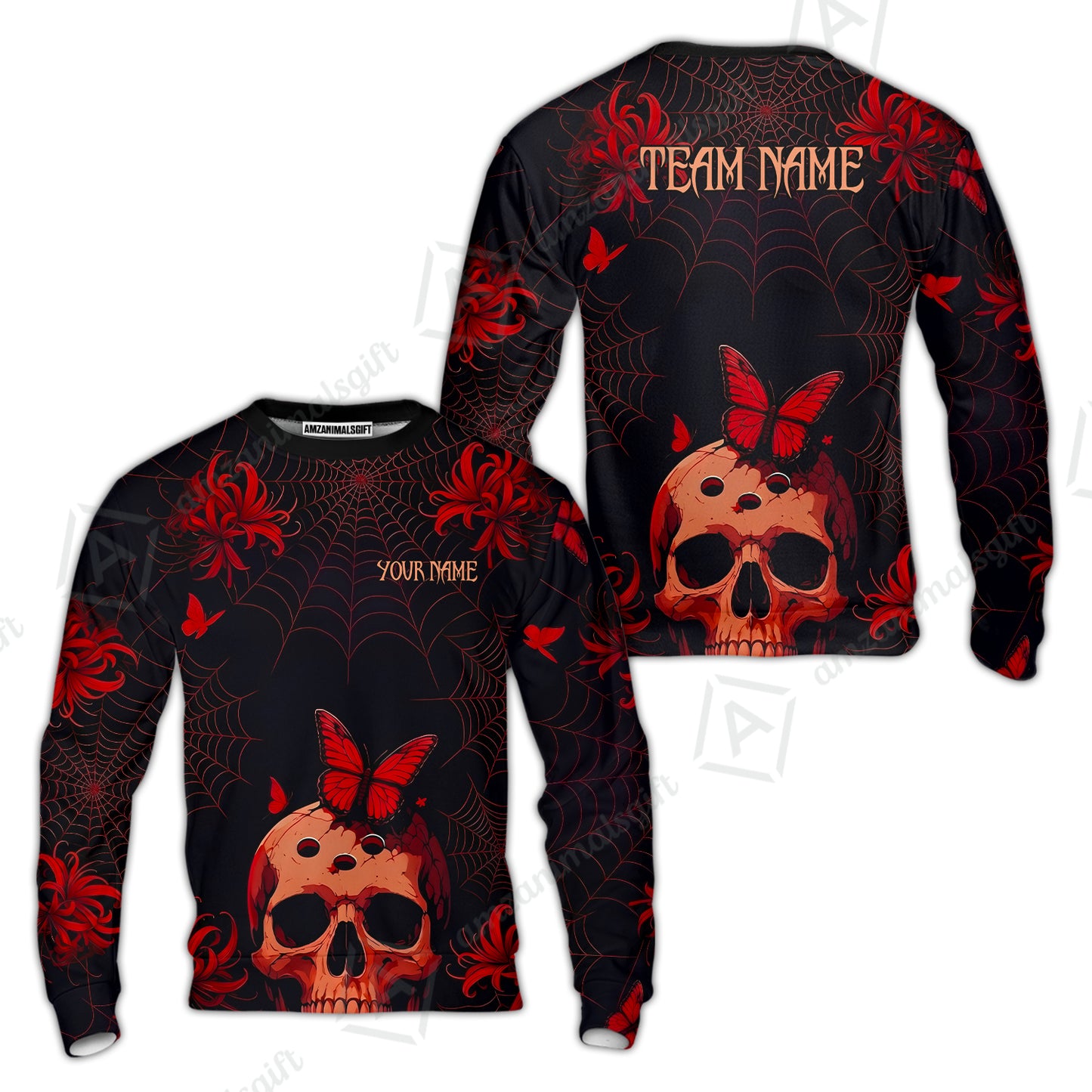 Customized Bowling Shirt, Bowling Skull Butterfly Spider Grid, Personalized Polo Shirt For Players With Name & Team Name