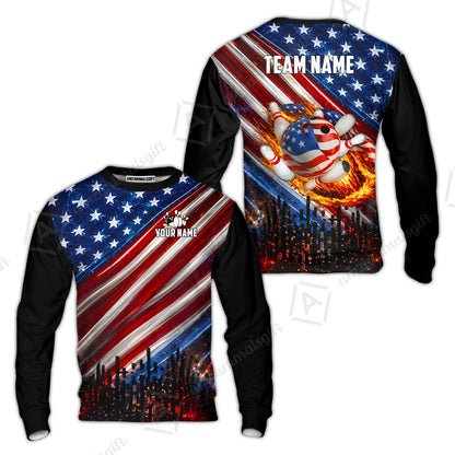Customized American Flag Flaming Ball Bowling Jersey, Custom Name And Team Name For Bowlers