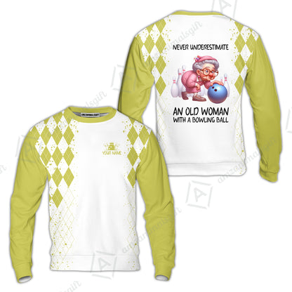 Custom Bowling Jersey Polo Shirt, Never Underestimate An Old Woman With A Bowling Ball, Personalized Name & Team Name