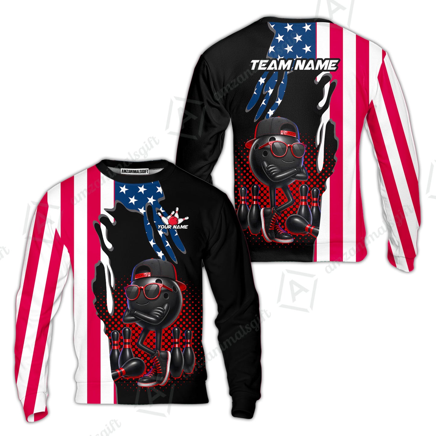 Custom Bowling Jersey Polo Shirt, Cool Hip Hop Patriotic Ball Mascot, Custom Bowling Jersey Team Shirt For Players With Name and Team Name