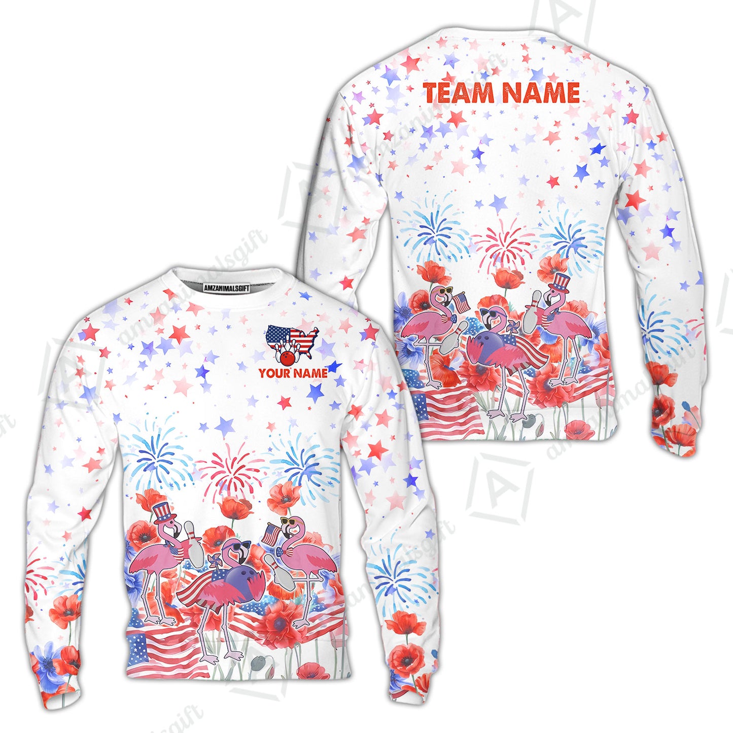 Custom Bowling Jersey Polo Shirt, 4th of July Flamingo Bowling, Custom Bowling Jersey Team Shirt For Players With Name & Team Name