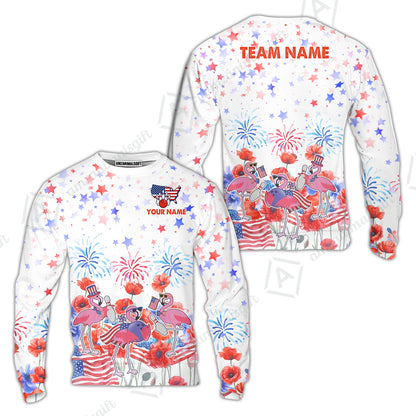 Custom Bowling Jersey Polo Shirt, 4th of July Flamingo Bowling, Custom Bowling Jersey Team Shirt For Players With Name & Team Name