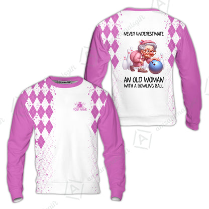 Custom Bowling Jersey Polo Shirt, Never Underestimate An Old Woman With A Bowling Ball, Personalized Name & Team Name