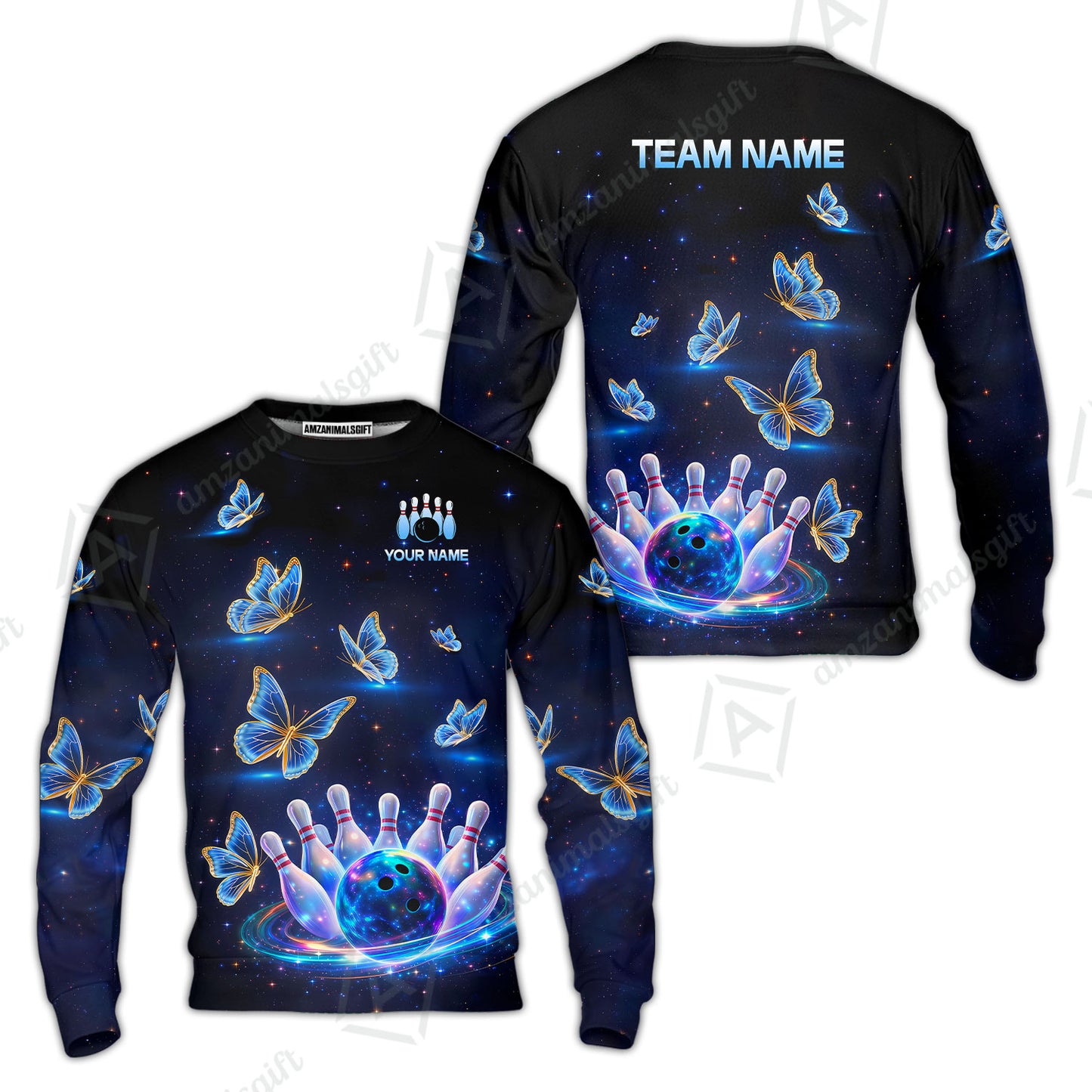 Custom Bowling Jersey Polo Shirt, Bowling Butterfly Galaxy Neon Light, Personalized Name And Team Name