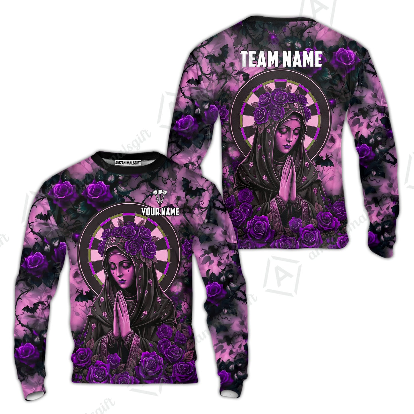 Custom Darts Jersey Polo Shirt, Gothic Madonna And Blue Rose, Custom Dart Jersey Team Shirt For Players With Name & Team Name