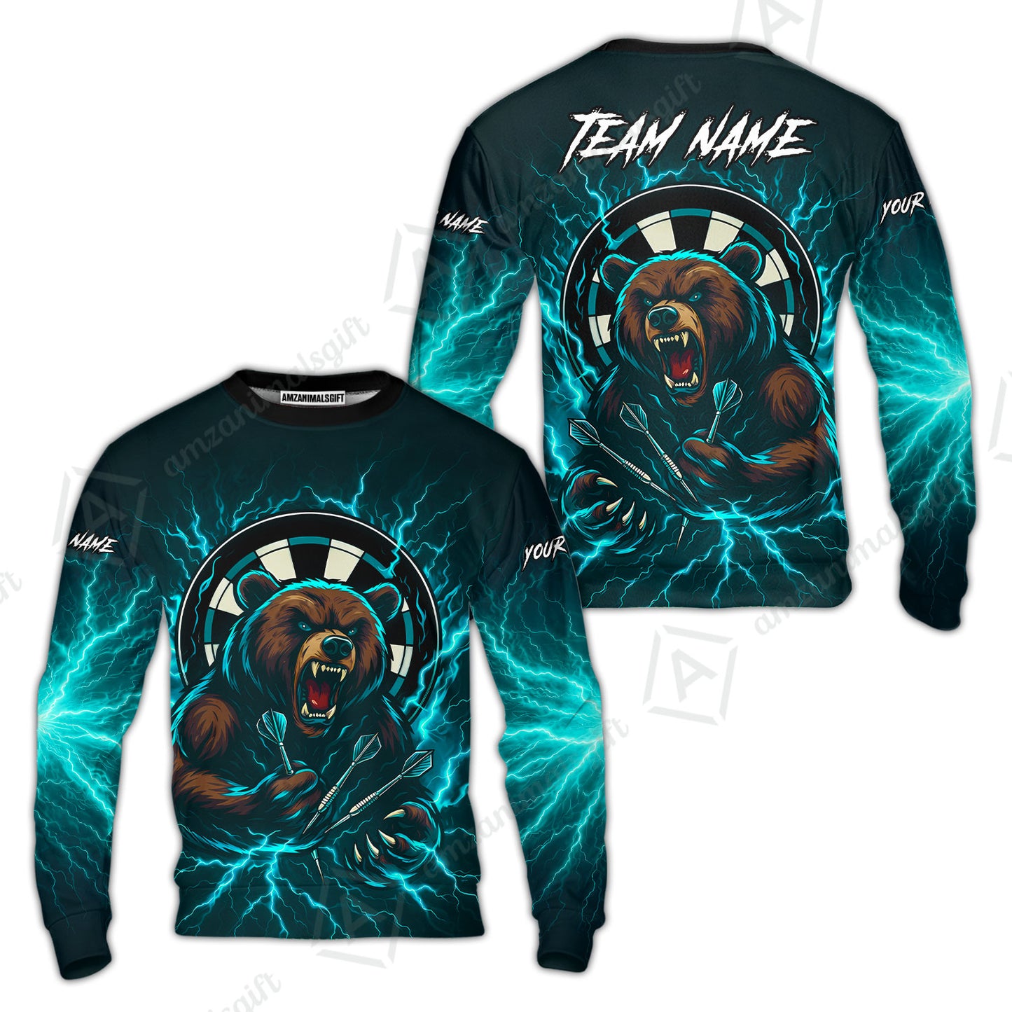 Custom Darts Team Long Sleeve Polo Shirt, Personalized Bear Thunder Lightning Darts Shirt with Name & Team Name