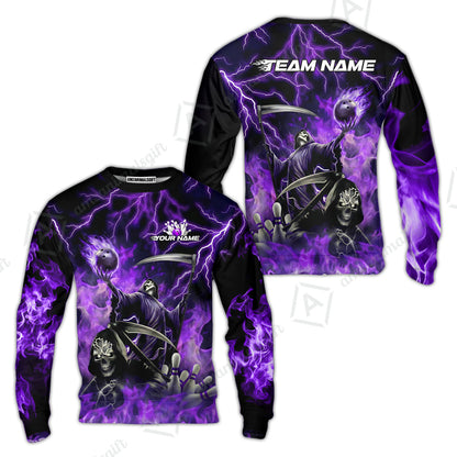 Custom Bowling Team Quarter-Zip Polo Shirt, Grim Reaper Skull With Flame Bowling Lightning Design for Bowlers, Personalized Shirt with Name and Team Name