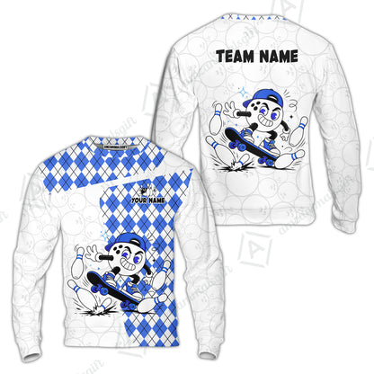 Custom Bowling Jersey Polo Shirt, Skateboarder Bowling Ball Mascot, Custom Bowling Jersey Team Shirt For Players With Name and Team Name