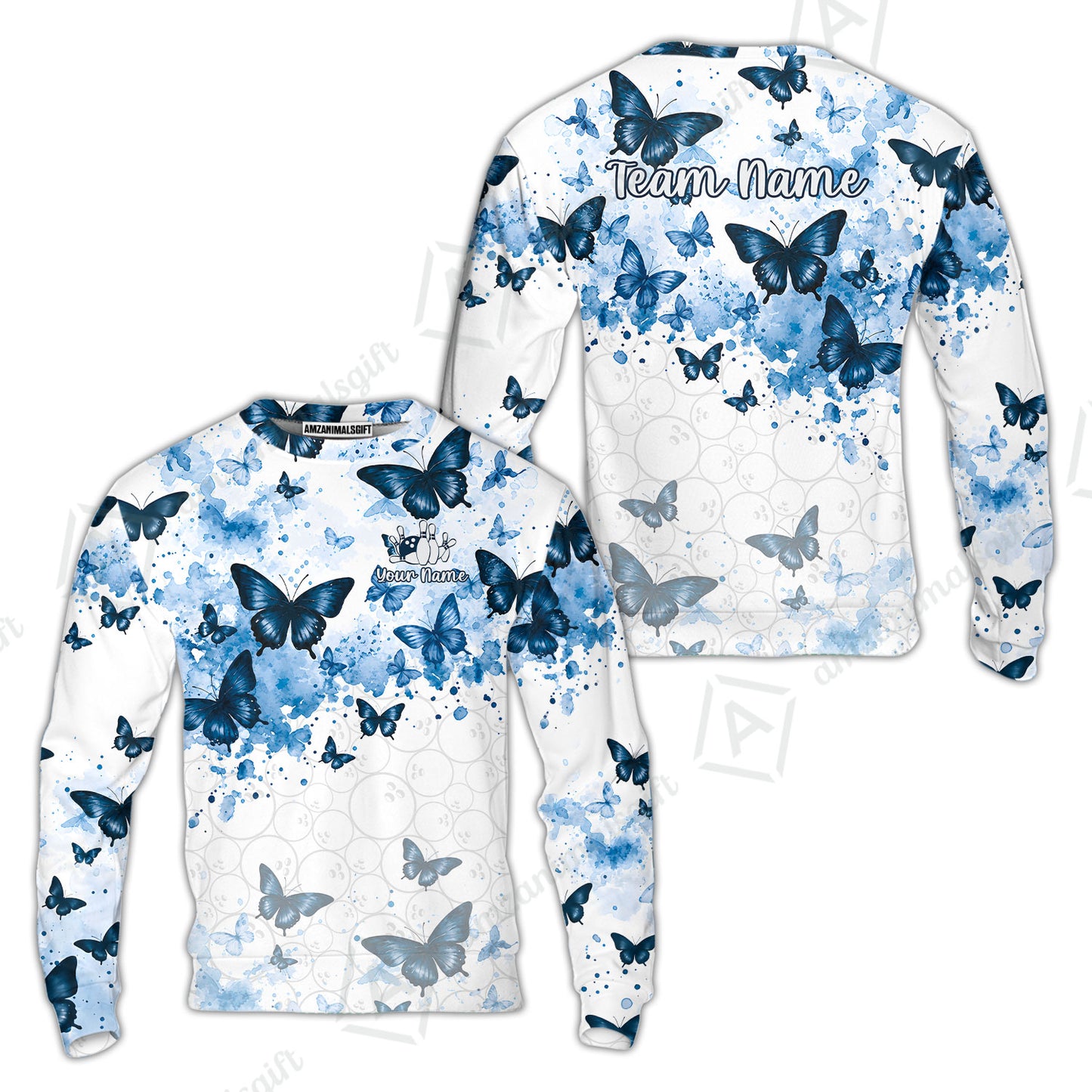 Custom Bowling Jersey Polo Shirt, Blue Watercolor Butterfly Bloom, Custom Bowling Jersey Team Shirt For Players With Name and Team Name