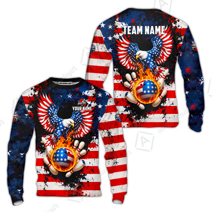Customized USA Bald Eagle Fire Ball Bowling Jersey, Custom Name And Team Name For Bowlers