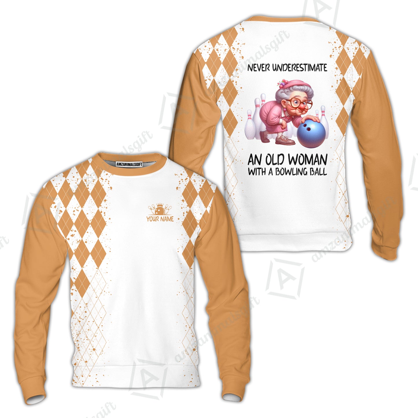 Custom Bowling Jersey Polo Shirt, Never Underestimate An Old Woman With A Bowling Ball, Personalized Name & Team Name