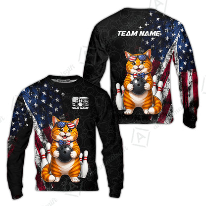 Custom Bowling Jersey Polo Shirt, Cat With Glasses And Bow Tie Bowling Pattern America Flag, Personalize Name and Team Name