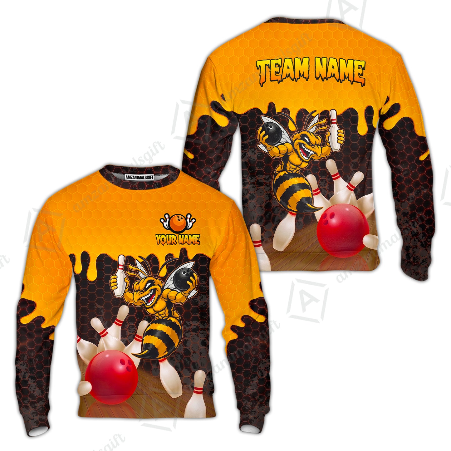 Custom Bowling Jersey Polo Shirt, Aggressive Hornet Honeycomb Drip, Custom Bowling Jersey Team Shirt For Players With Name and Team Name